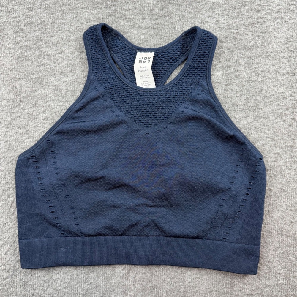 JoyLab Sports Bra Women's Small Navy Blue High Neck Seamless Racerback Mesh Mesh